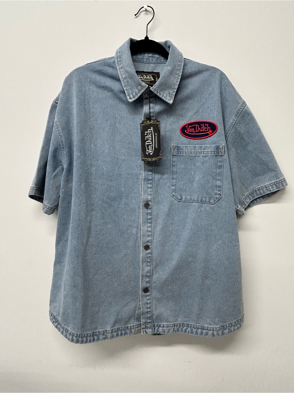 Von Dutch Light Blue Denim Short Sleeve Button-Up Shirt with Logo Patch